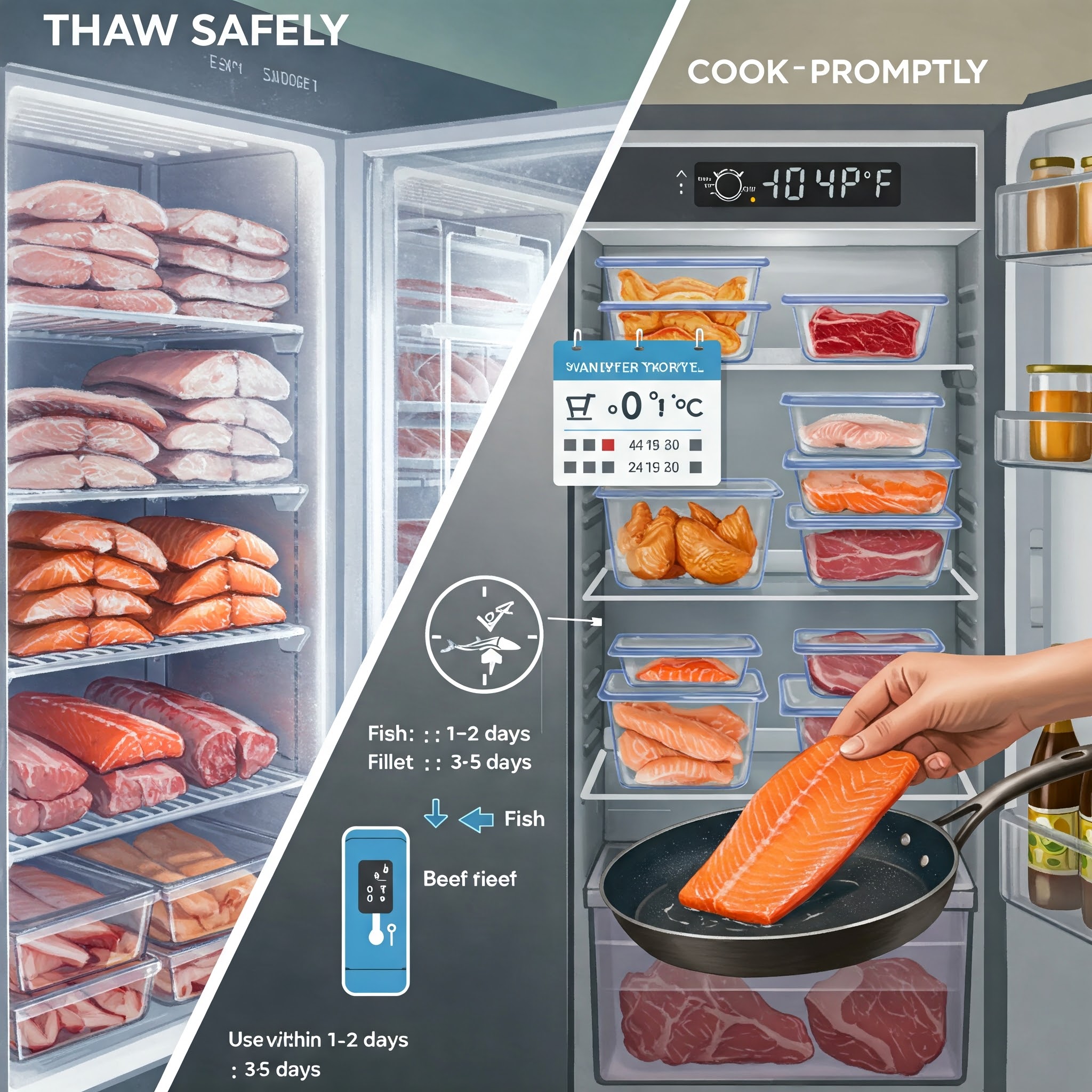 Split image: Left side shows a walk-in freezer with neatly stacked frozen fish, chicken, and beef fillets. Right side shows a refrigerator with thawed fillets in airtight containers. A calendar icon near the fridge reads "Use within 1–5 days" with arrows pointing to fillets labeled "Fish: 1–2 days," "Beef: 3–5 days." A thermometer displays 40°F, and a "danger zone" warning (40–140°F) is subtly visible. A chef's hand places a fresh fillet in a pan. Text overlays: "Thaw Safely," "Cook Promptly."
